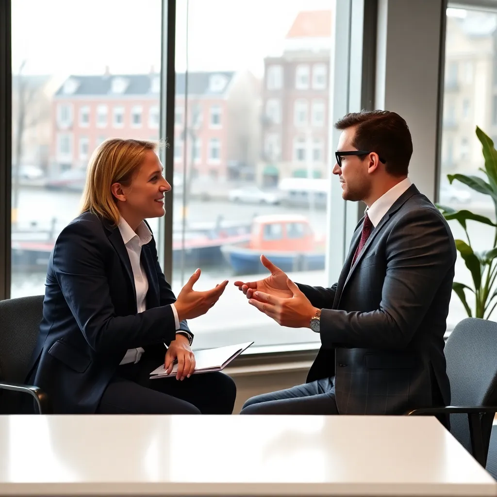 Twee professionals in gesprek in een modern kantoor in Nederland